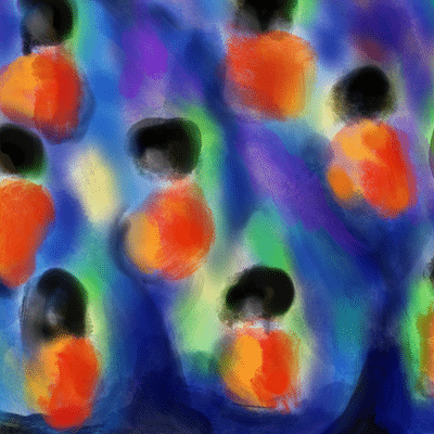 Peinture abstraite réalisée par Cyril Assathiany : silhouettes floues aux corps orangés, rassemblées sur un fond de bleus, de violets et de verts.