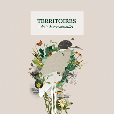 Affiche de Territoires: un collage de plantes, de fleurs, d’insectes, d’un nid d’oiseau et d’un poisson entoure une forme beige texturée rappelant un fragment de carte.