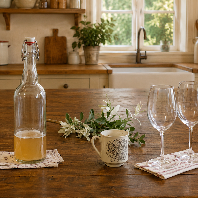 Table en bois rustique avec bouteille de cidre, tasse fleurie et deux verres à vin, dans une cuisine baignée de lumière naturelle