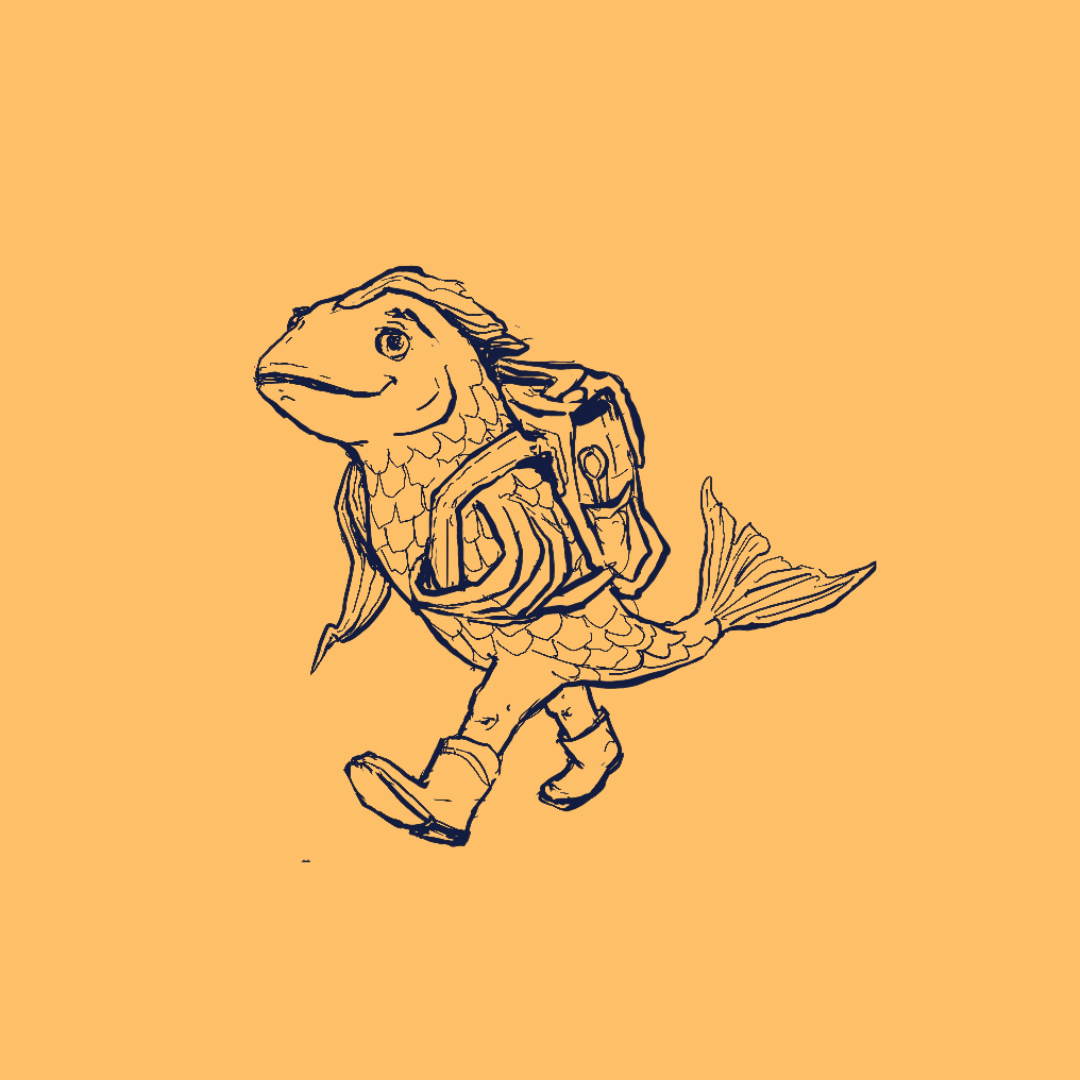Illustration au trait sur fond orange évoquant la migration : un poisson souriant, debout sur deux jambes chaussées de bottes, marche avec un sac à dos sur le corps, comme s'il partait pour un long voyage.
