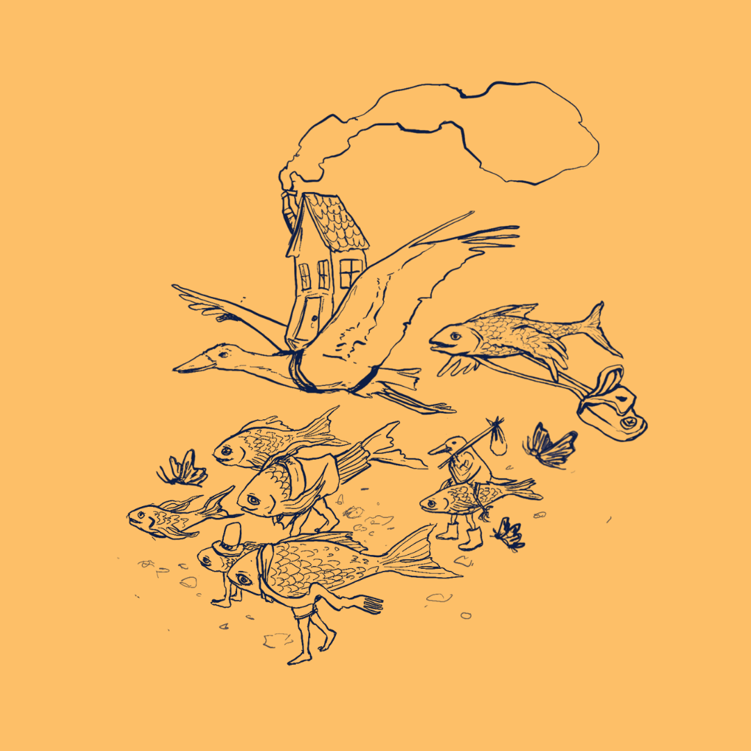 Illustration au trait sur fond orange évoquant le thème de la migration : un canard vole en portant une maison sur son dos, suivi d'un poisson qui transporte un baluchon; en dessous, des personnages mi-poissons mi-humains, portant chapeaux, bottes et baluchons, marchent en file comme dans un exode, entourés de papillons.