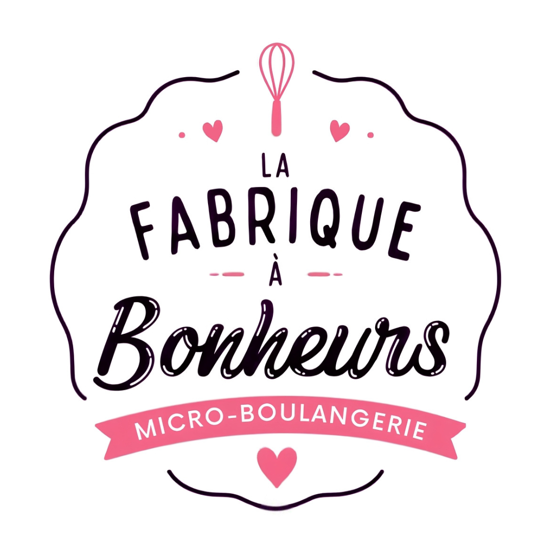 Logo de la fabrique à bonheurs: un gouet rose et un petit coeur rose avec la mention Micro Boulangerie