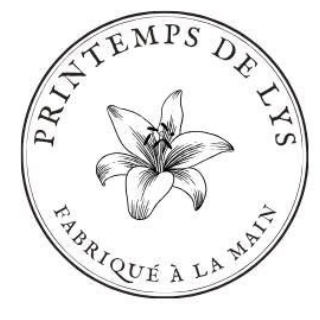 Logo printemps de lys en noir et banc: illustration d'une fleur de lys avec la mention fabriqué à la main