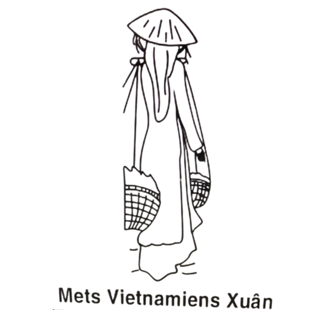 Illustration d'une marchande vietnamienne avec chapeau conique et paniers, kiosque Mets Vietnamiens Xuân
